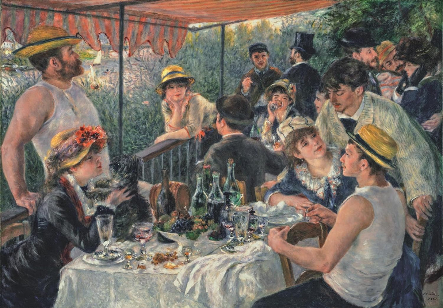 Lively painting of a boating party: people socialize around a table filled with food and wine on an outdoor terrace