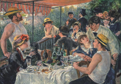 Lively painting of a boating party: people socialize around a table filled with food and wine on an outdoor terrace