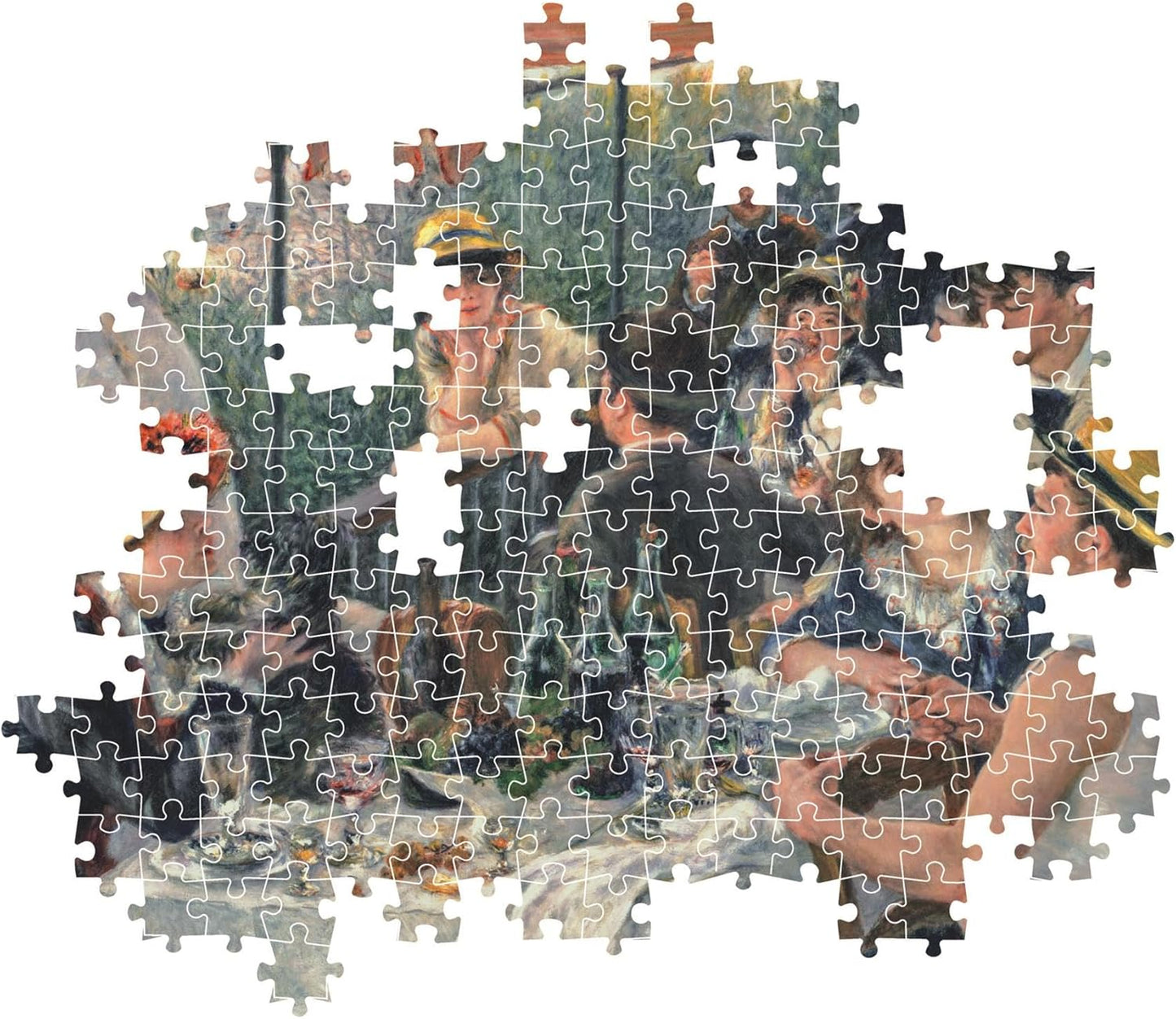 Partially completed jigsaw puzzle showing a lively outdoor luncheon scene, with missing pieces