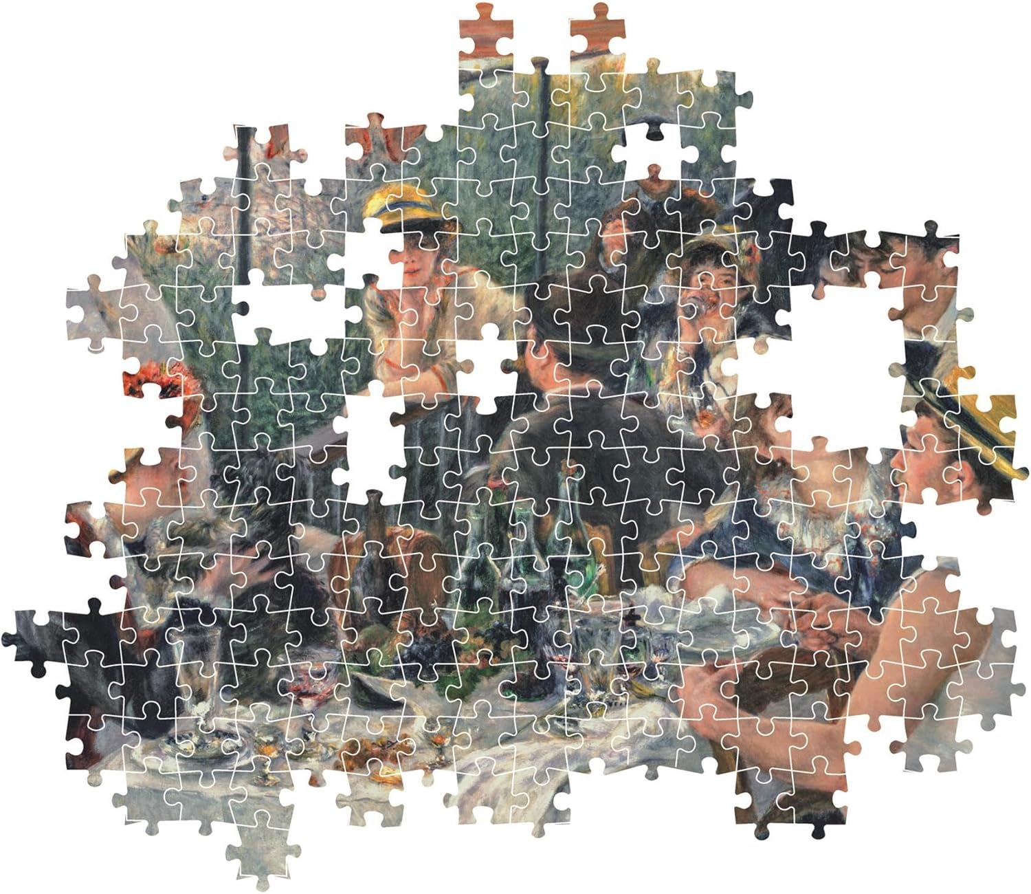 Partially completed jigsaw puzzle showing a lively outdoor luncheon scene, with missing pieces