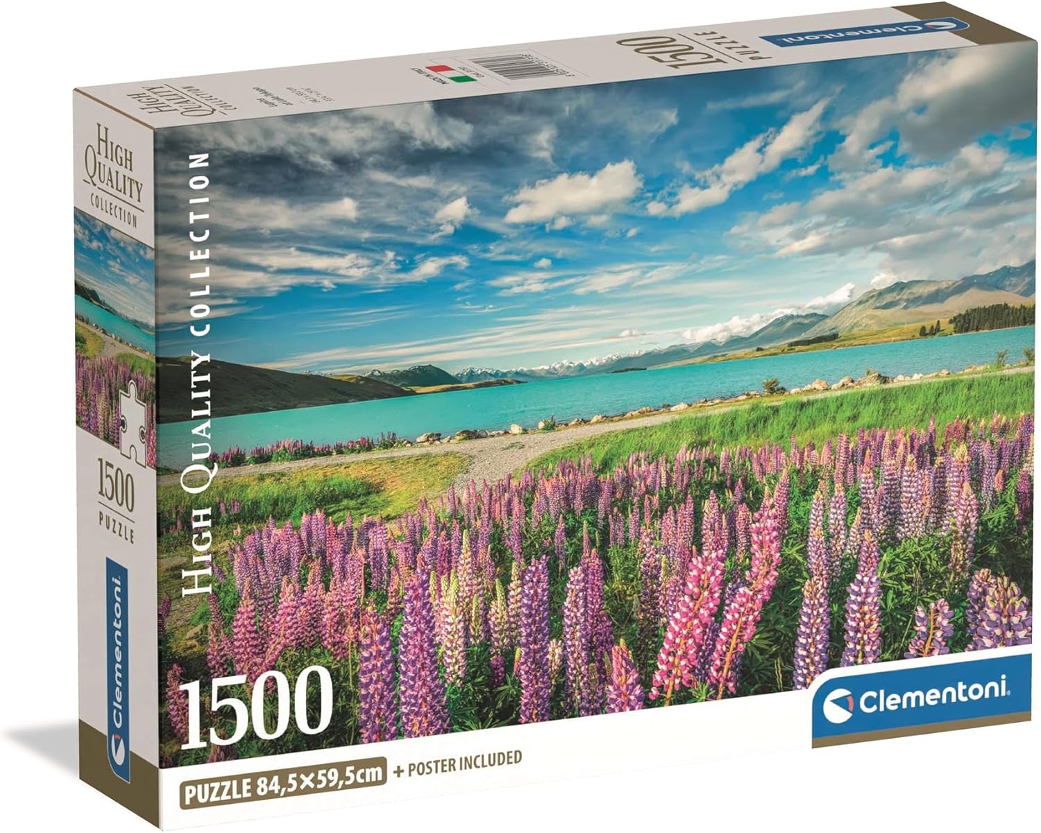 Clementoni High Quality Collection 1500-piece puzzle box showing a field of purple flowers, a turquoise lake, and mountains under a blue sky