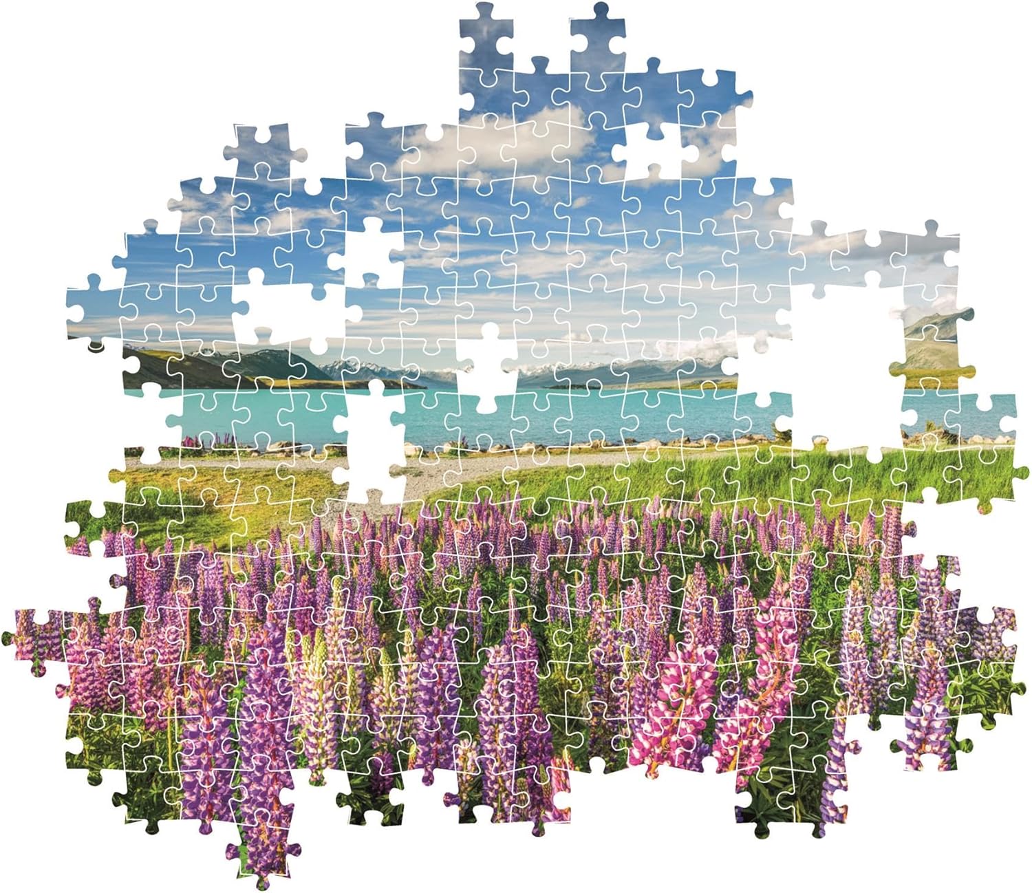 Jigsaw puzzle with missing pieces depicts purple lupins, a blue lake, and snow-capped mountains under a cloudy sky
