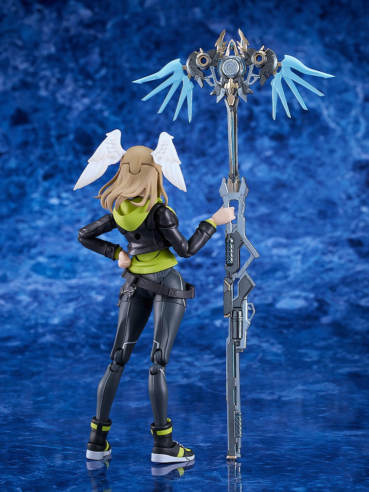 Anime figure with white head wings, black jacket, holding an ornate staff with glowing blue wings, against a dark blue background
