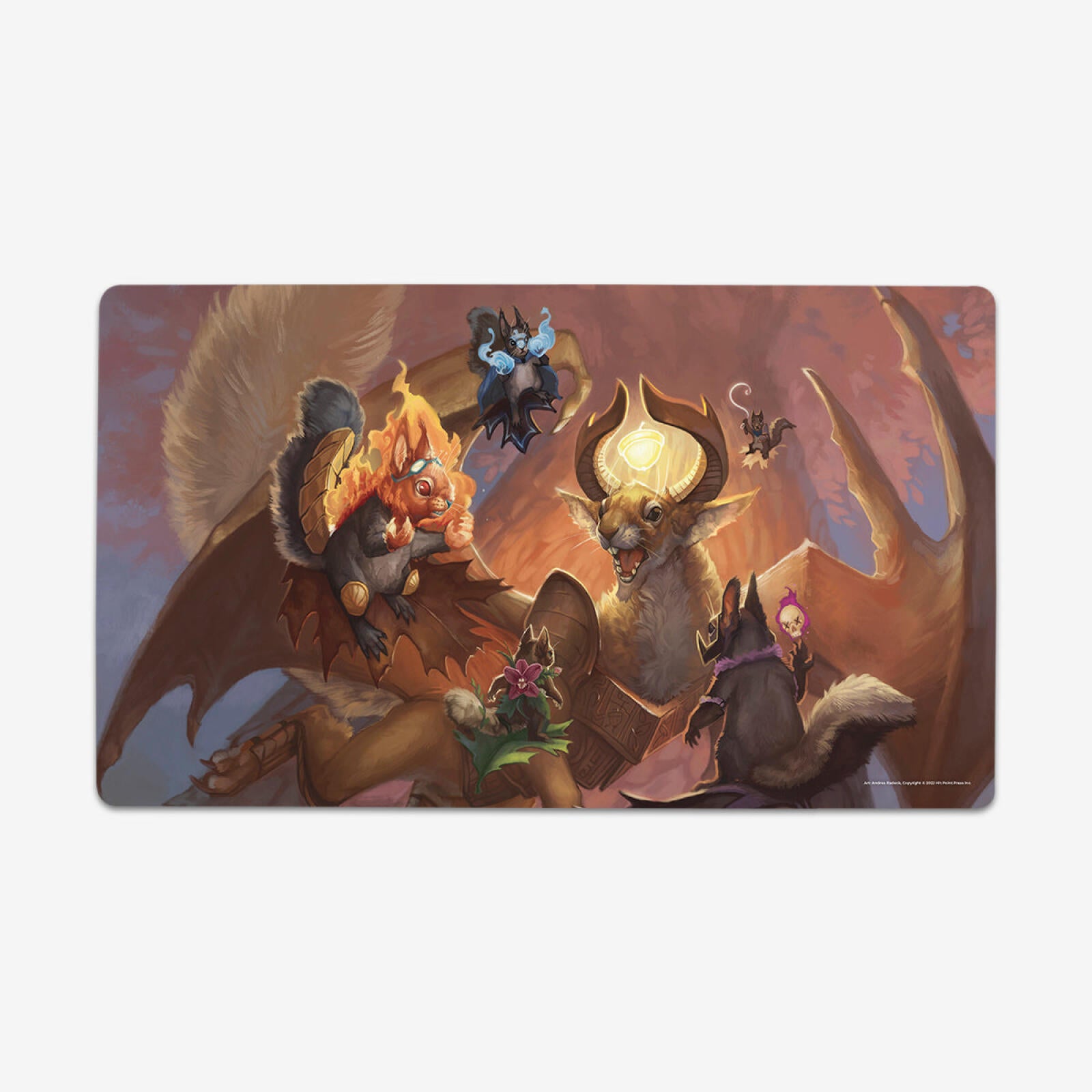 A winged, horned squirrel-like creature with a glowing acorn holds a book, surrounded by fire, shadow, and flying squirrels