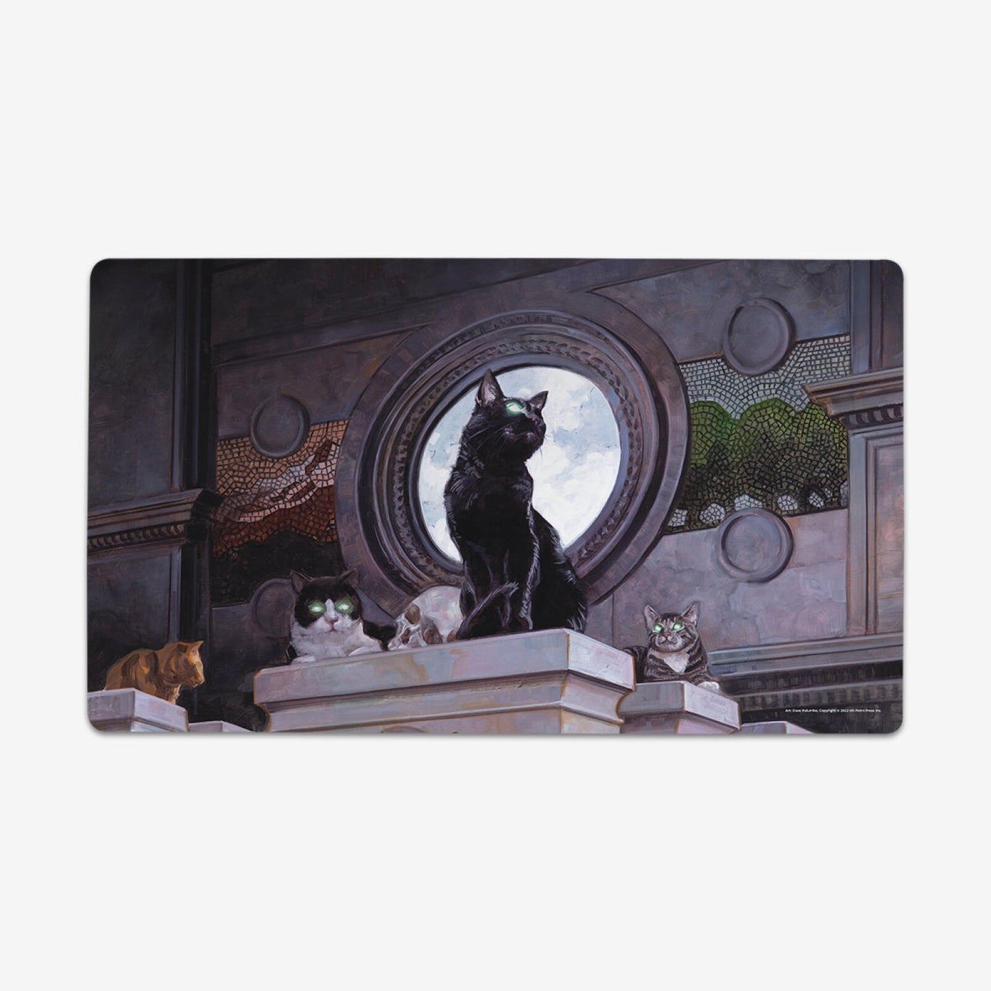 A group of cats with glowing eyes on a dark, ornate building facade, centered by a black cat looking at a moon