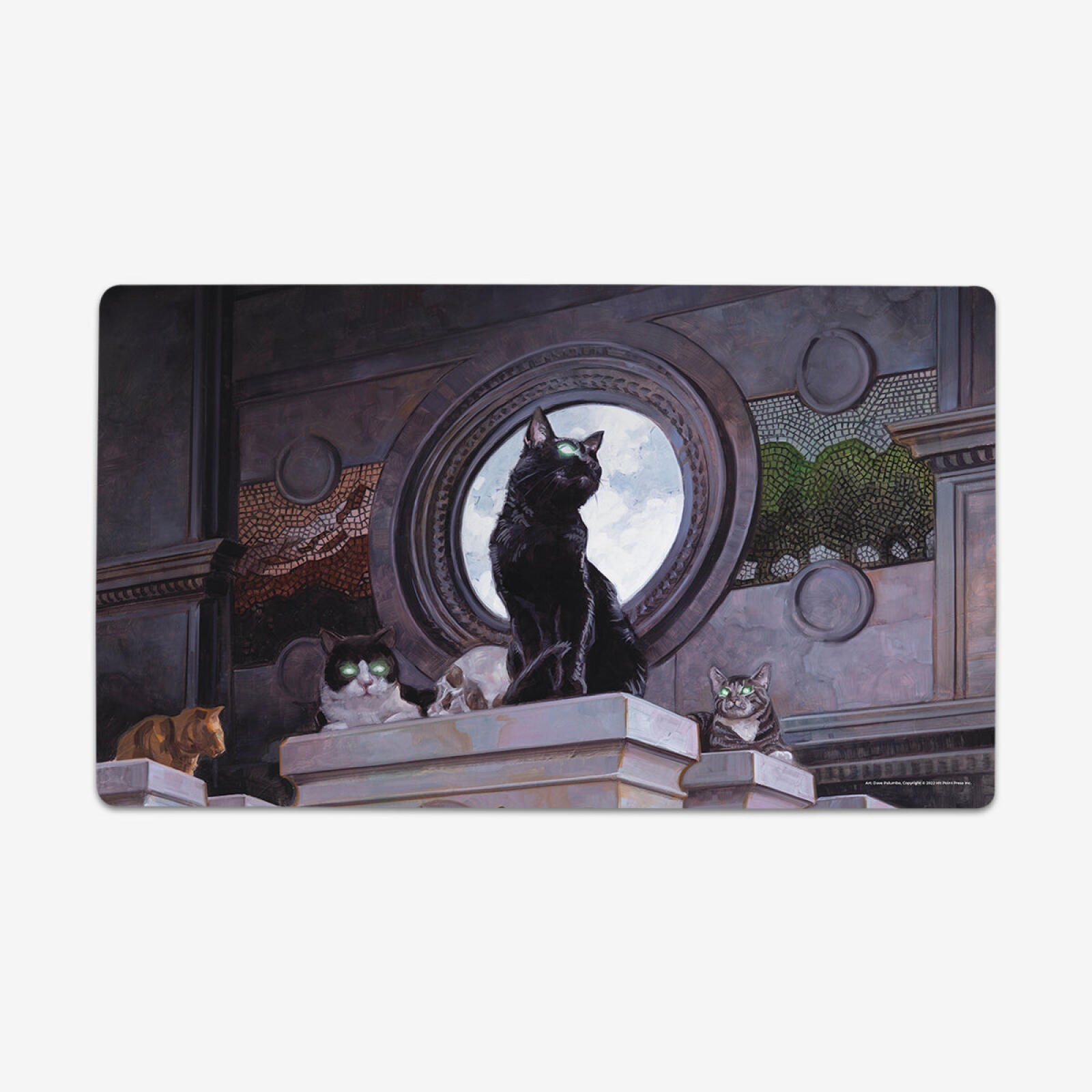 A group of cats with glowing eyes on a dark, ornate building facade, centered by a black cat looking at a moon