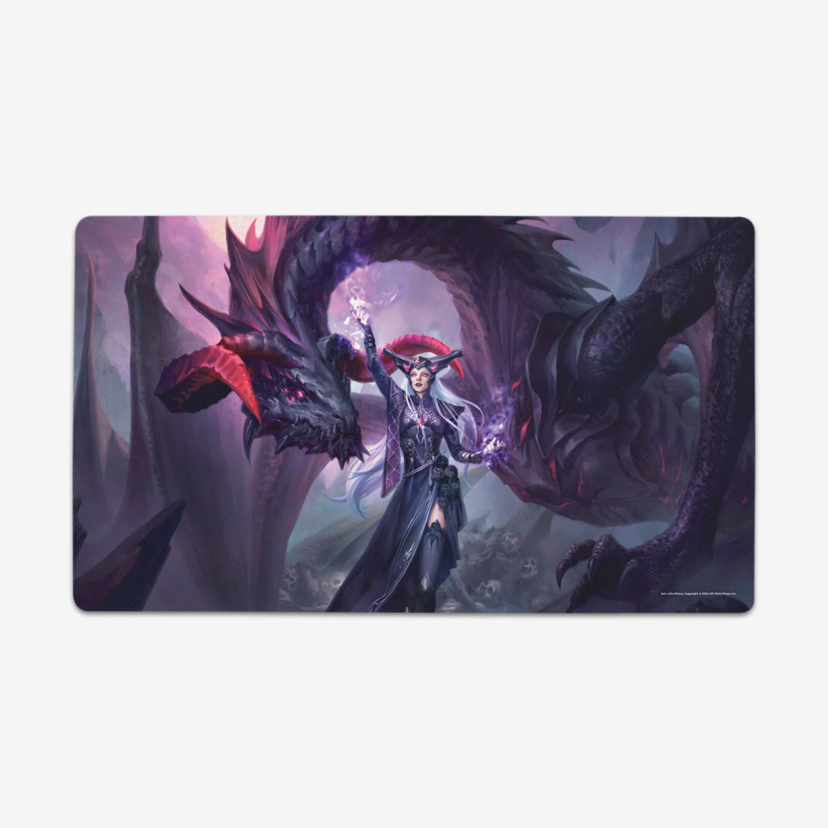 A white-haired sorceress casts purple magic before a menacing black dragon with red horns