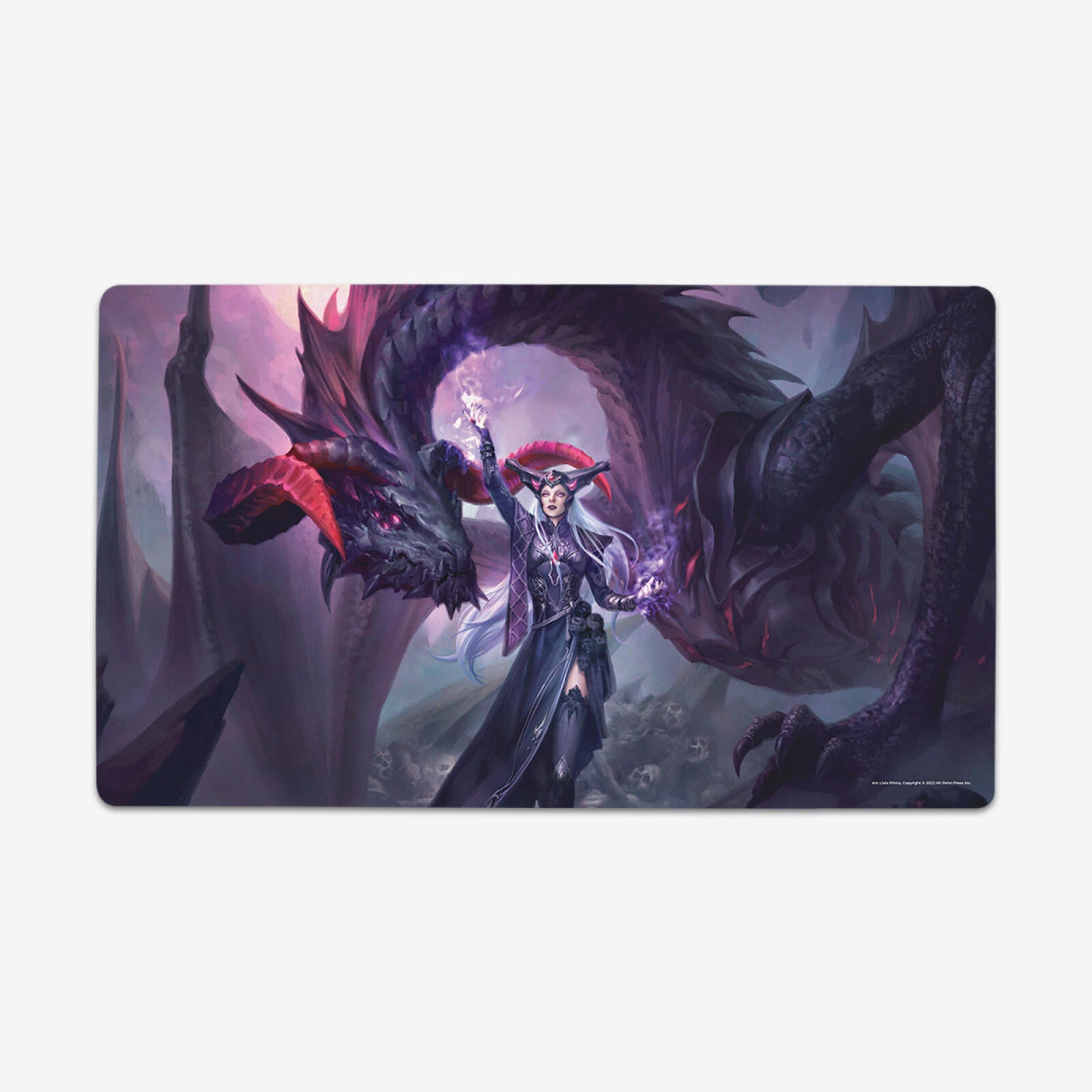 A white-haired sorceress casts purple magic before a menacing black dragon with red horns