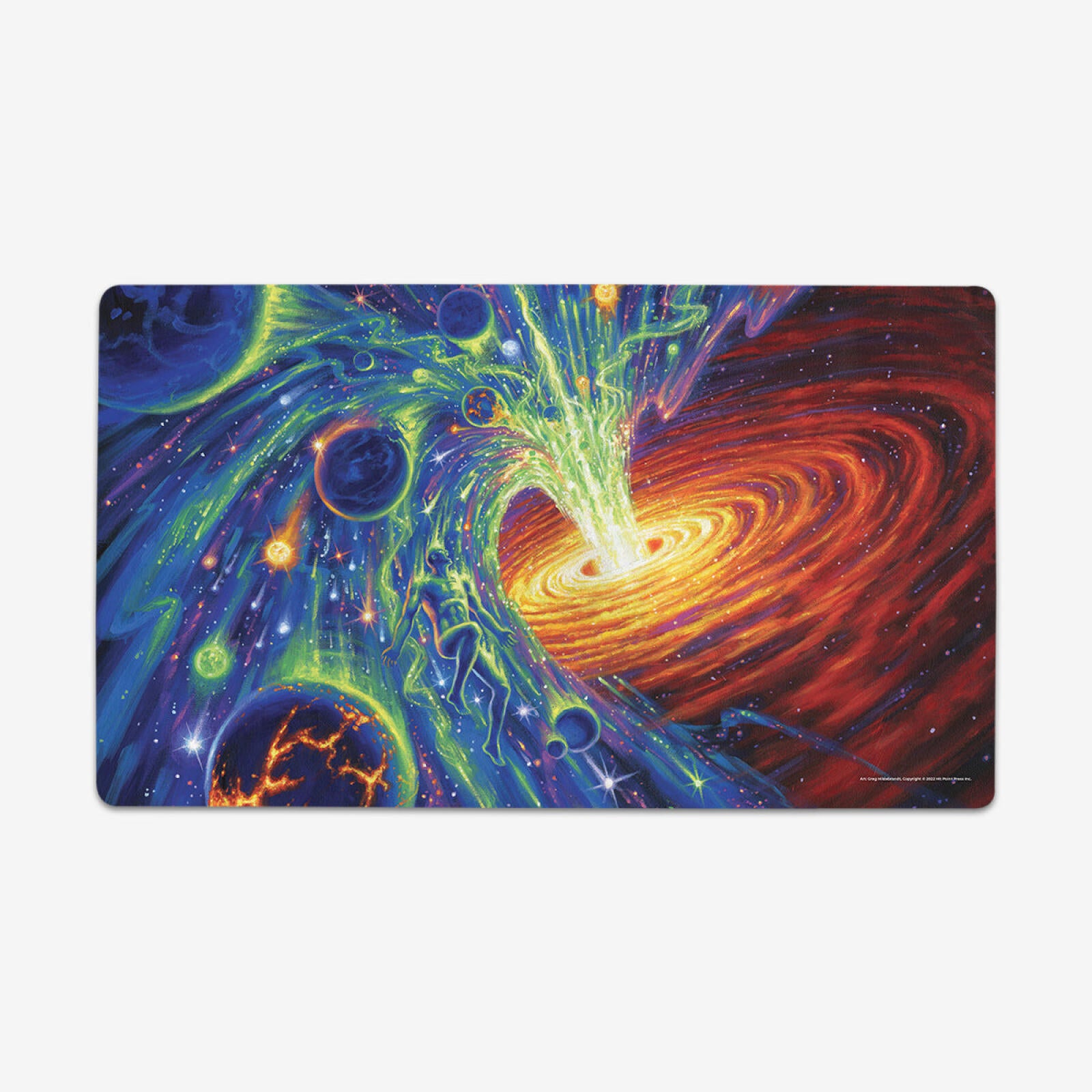 Vibrant cosmic scene: A black hole's orange swirl emits a green beam, surrounded by planets, stars, and a floating human