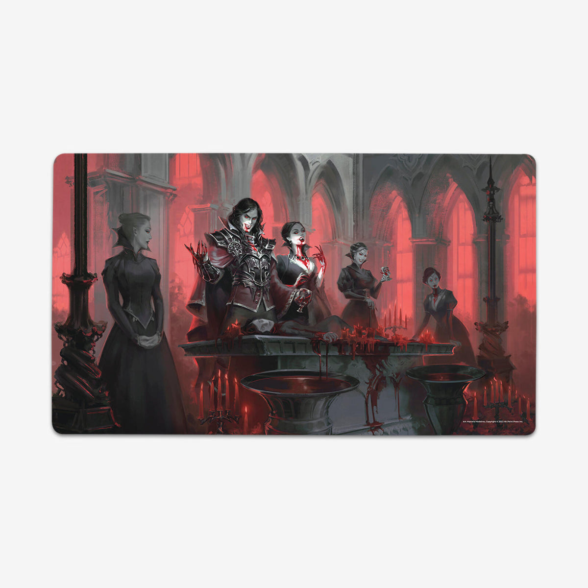 Vampire couple with bloody fangs leads a ritual at a candlelit altar in a red-lit gothic hall, surrounded by others