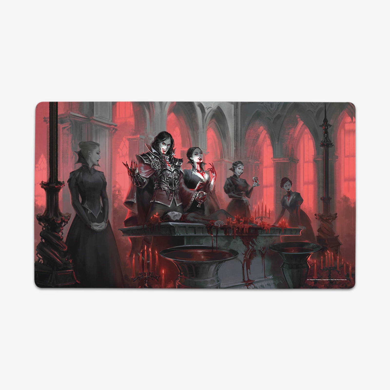 Vampire couple with bloody fangs leads a ritual at a candlelit altar in a red-lit gothic hall, surrounded by others
