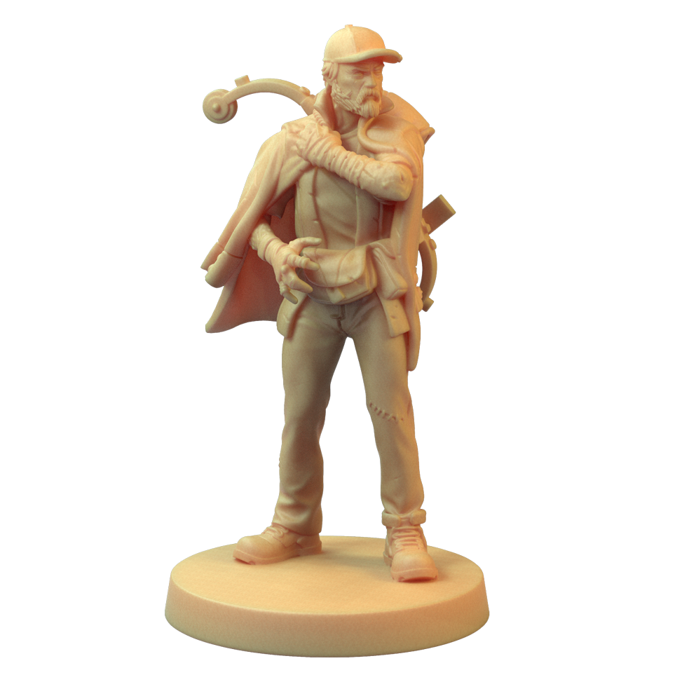 A light-colored miniature of a bearded man in a cap and cape holding a crossbow, standing on a round base