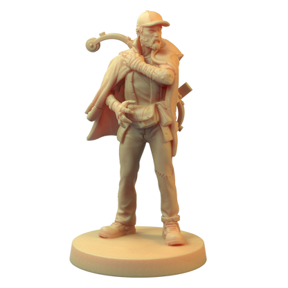 A light-colored miniature of a bearded man in a cap and cape holding a crossbow, standing on a round base