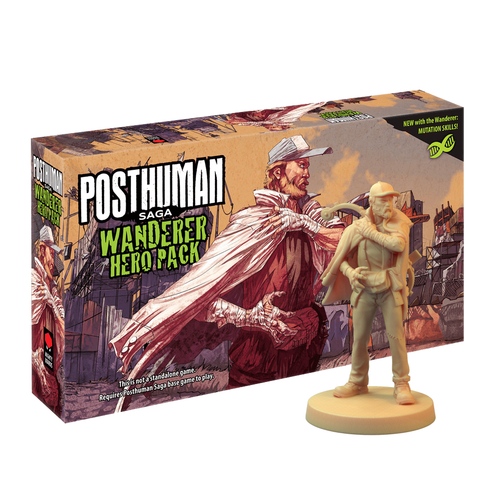 A game box for the Wanderer Hero Pack, featuring a man with a cape and crossbow, alongside a matching tan miniature figure