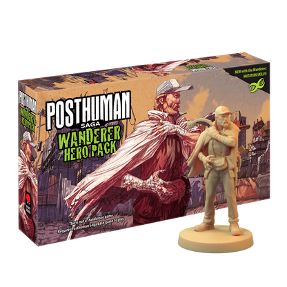 A game box for the Wanderer Hero Pack, featuring a man with a cape and crossbow, alongside a matching tan miniature figure