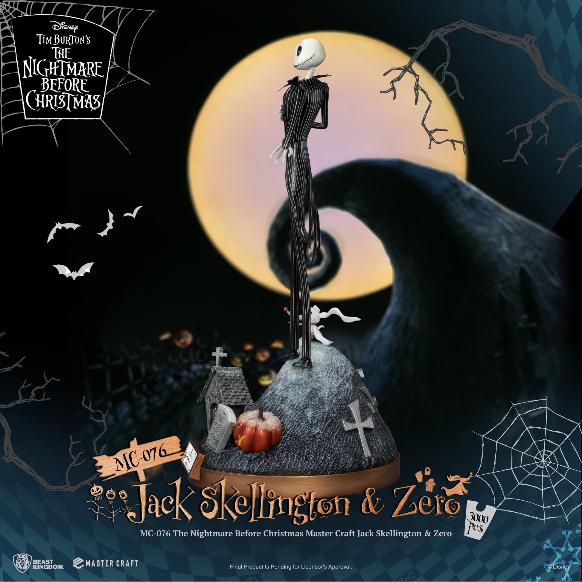 Jack Skellington Zero Master Craft figure standing on graveyard hill base with full moon backdrop
