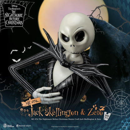 Master Craft Jack Skellington and Zero figure from The Nightmare Before Christmas detailed pinstripe suit moon background