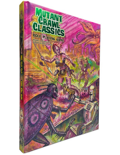 Mutant Crawl Classics RPG cover: a vibrant sci-fi scene with mutants battling a robot, a giant insect, and a woman with a spear
