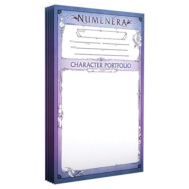 Purple and blue Numenera Character Portfolio featuring character sheet elements