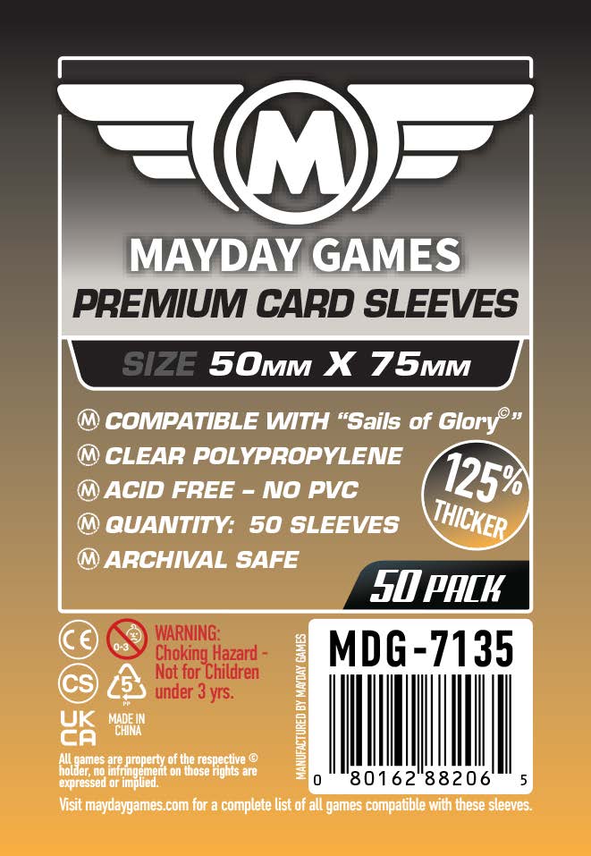 The Mayday Games premium card sleeves packaging highlights 50 clear polypropylene sleeves sized 50mm x 75mm and advertised as 125% thicker