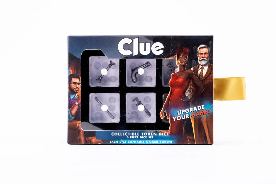 Clue Collectible Token Dice 6-piece set box. Six clear dice display iconic game tokens like a pistol, wrench, and rope