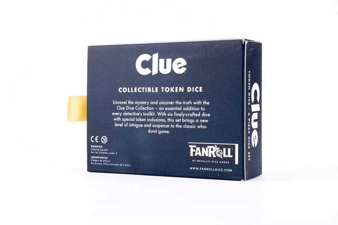 Dark blue Clue Collectible Token Dice 6-piece set box, with white text details and a gold pull tab