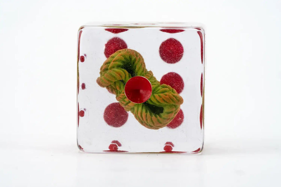 A clear dice displaying red pips, encasing a green and orange twisted rope with a shiny red center
