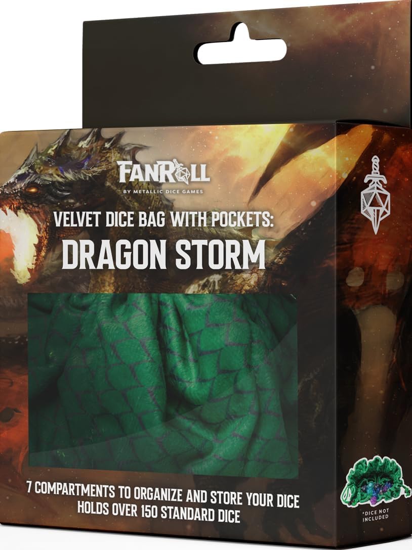 Fanroll Dragon Storm velvet dice bag box with roaring dragon art and a window showing the green scale-patterned bag