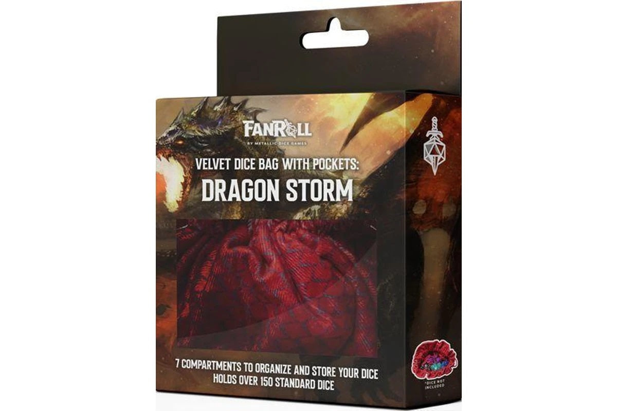 Box for 'Dragon Storm' velvet dice bag with fire-breathing dragon design, showing red bag inside