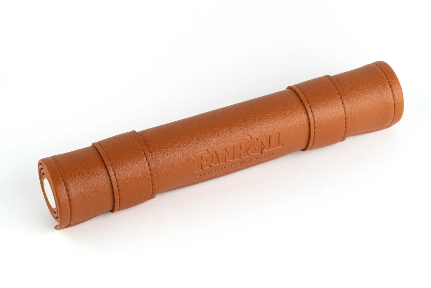 A tan faux leather FanRoll mat, rolled and secured with straps, on a white background