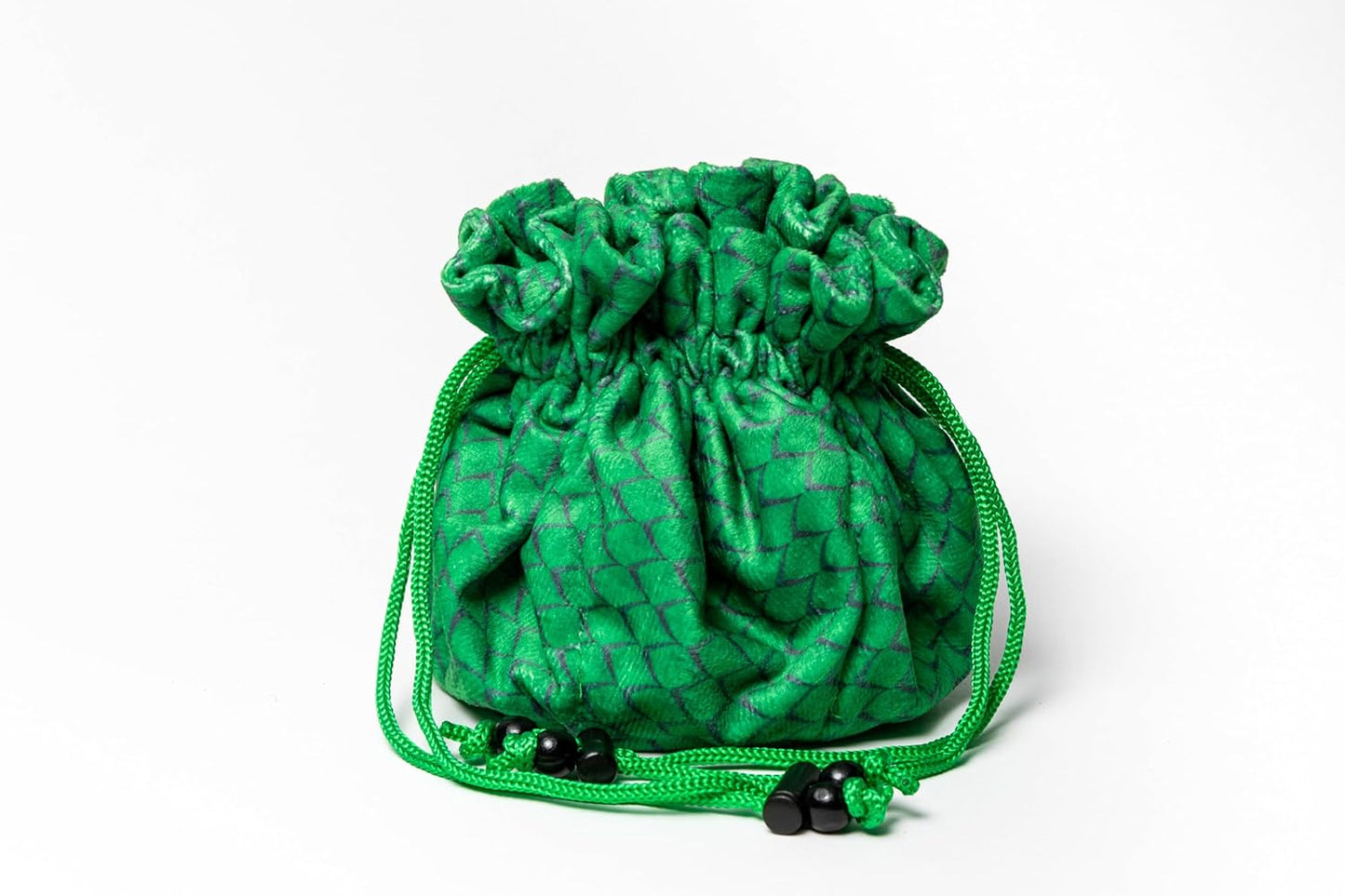 A vibrant green drawstring pouch with a dark diamond grid pattern, cinched shut with black cord toggles