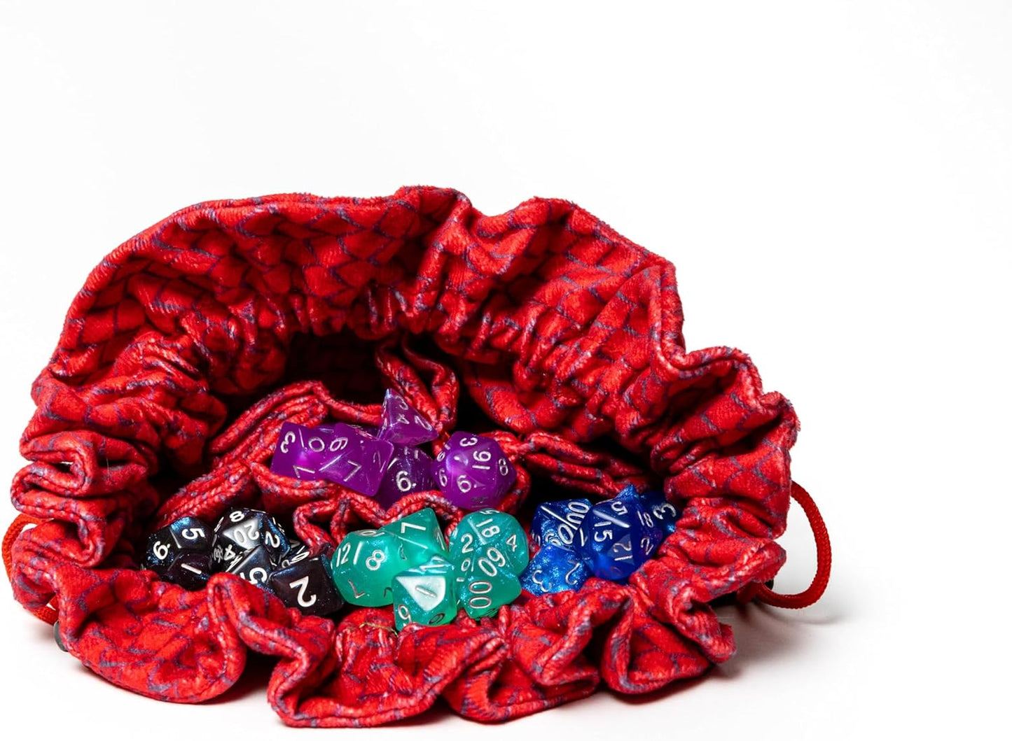 An open red drawstring bag filled with colorful polyhedral dice
