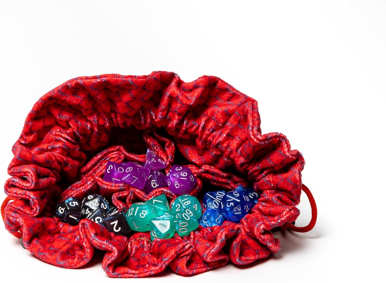 An open red drawstring bag filled with colorful polyhedral dice