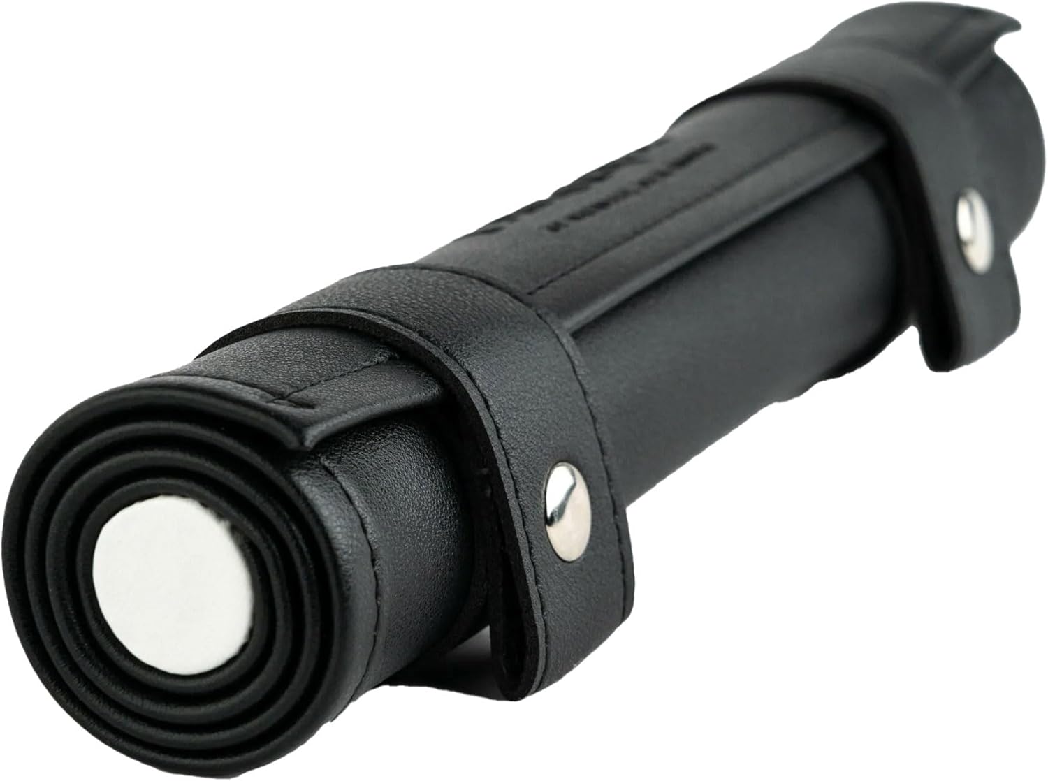 Rolled-up black faux leather case secured by two silver snaps