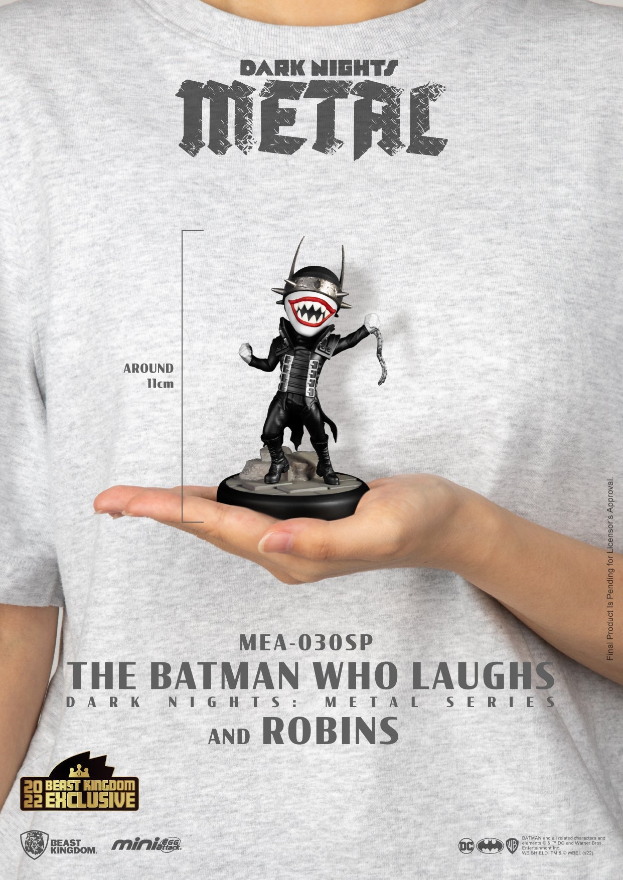 The Batman Who Laughs Dark Nights Metal Mini Egg Attack figure held in an open hand 11cm tall