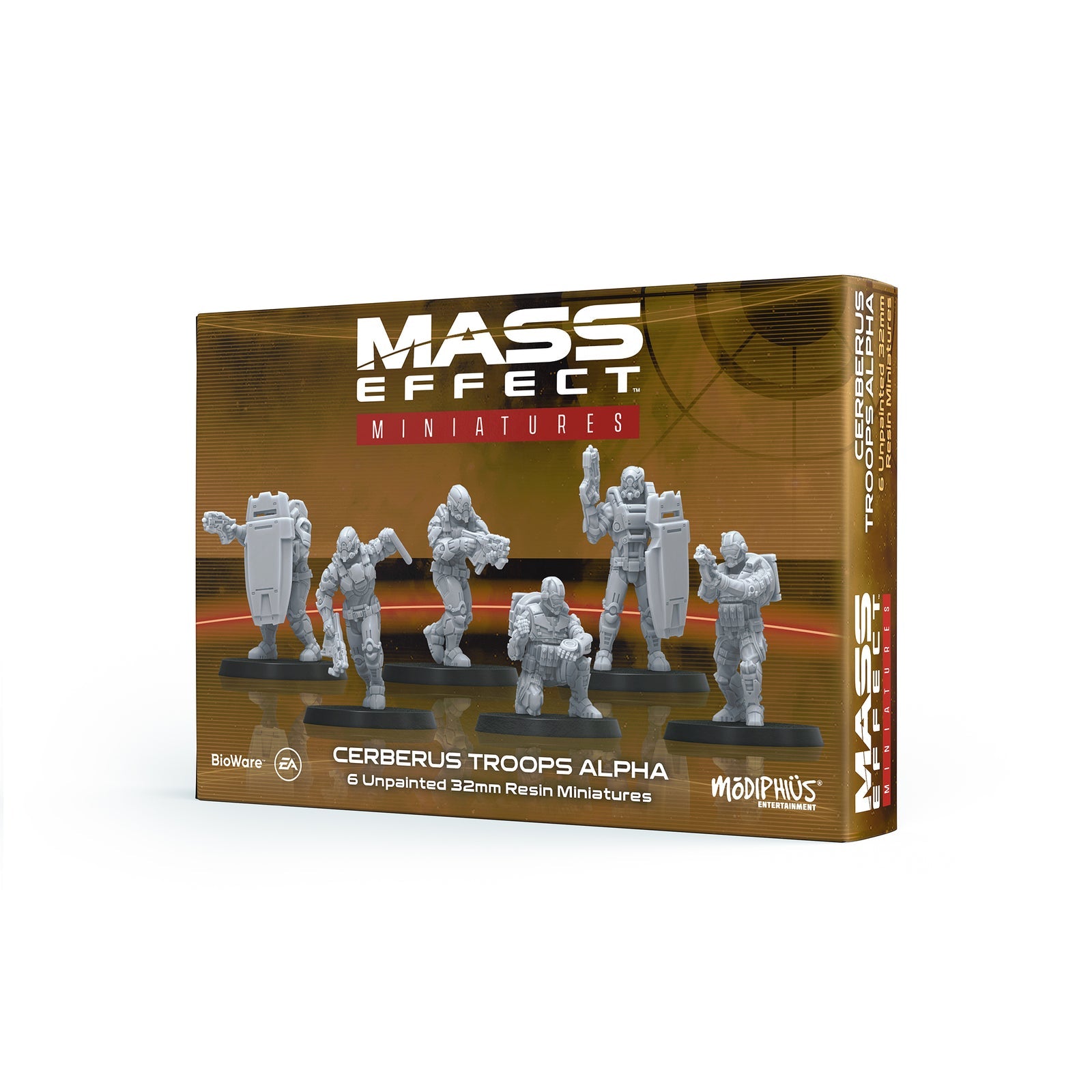 A Mass Effect Miniatures box showing 6 unpainted grey Cerberus Troop resin figures in combat poses