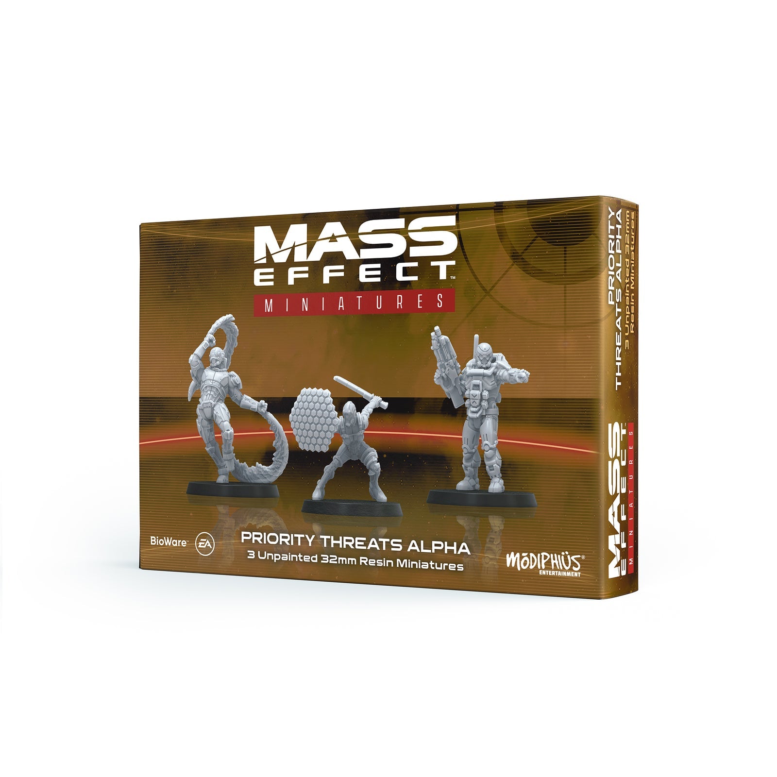Mass Effect Miniatures 'Priority Threats Alpha' box with three unpainted gray resin figures: a brute, a shielded warrior, and a gunner