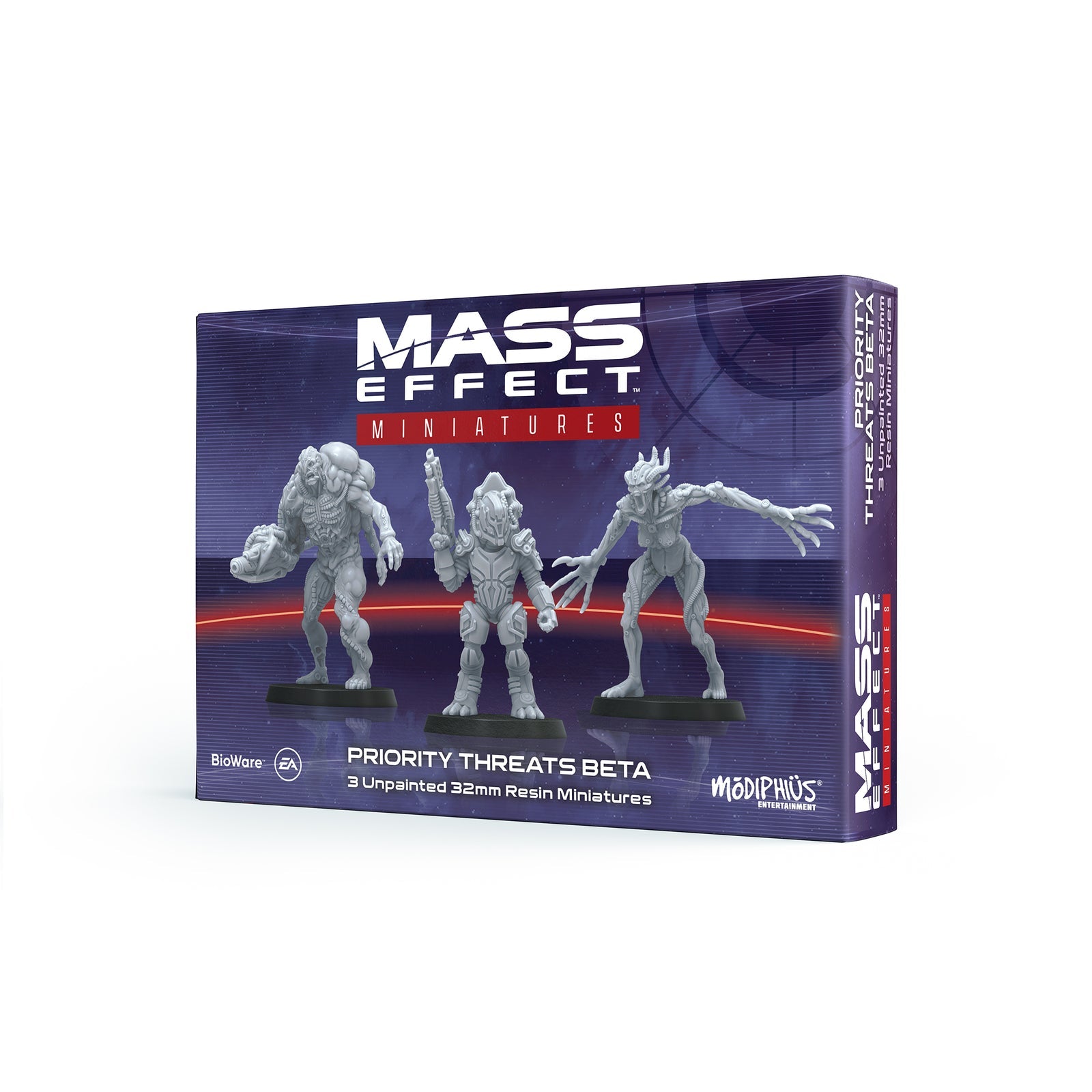 Mass Effect Miniatures box featuring three unpainted grey resin alien figures