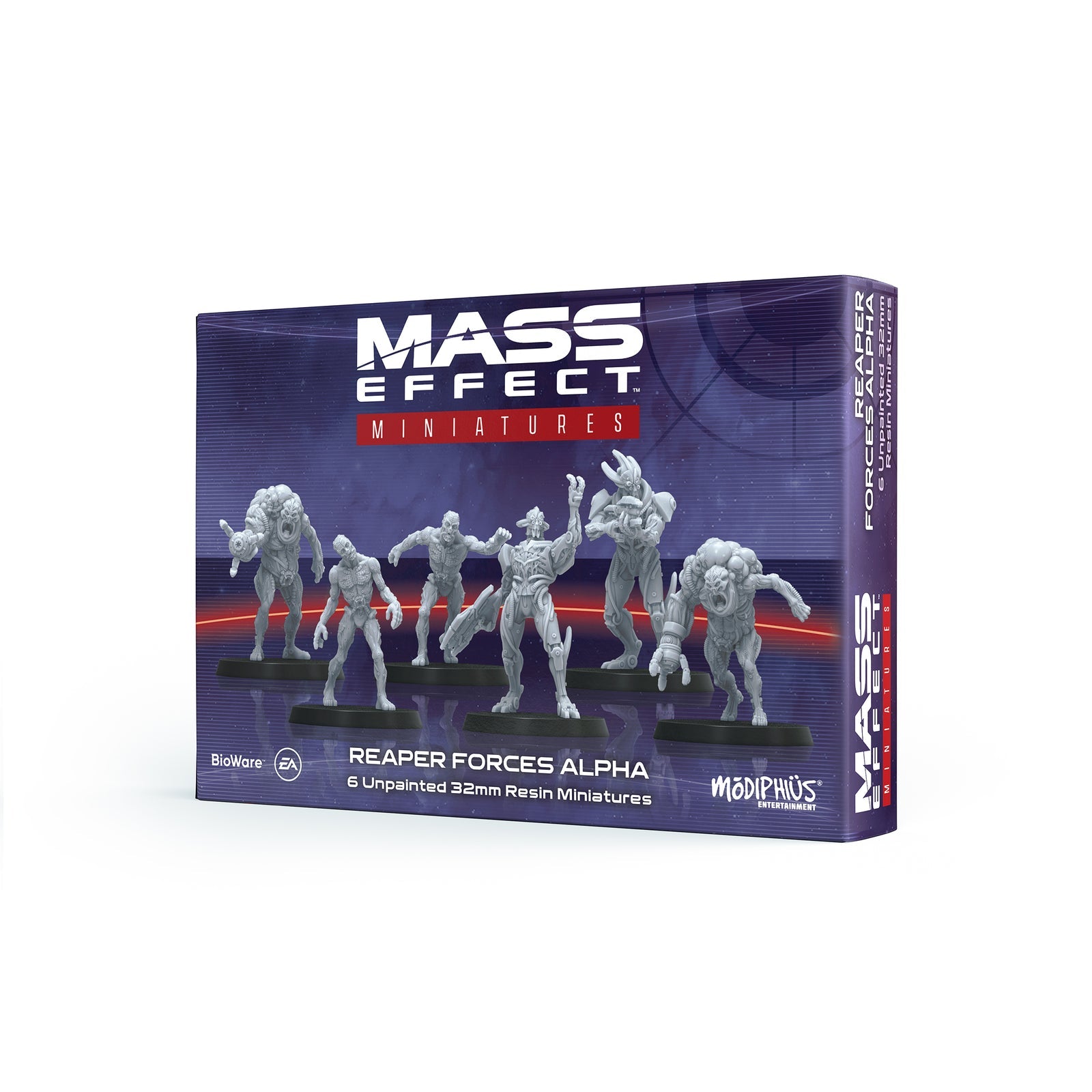 Mass Effect Miniatures: Reaper Forces Alpha box with six unpainted alien figures on display
