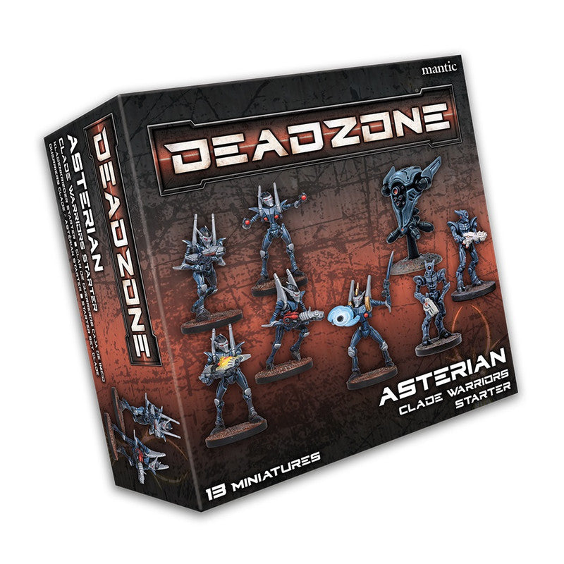 Deadzone Asterian Clade Warriors Starter box showing 13 futuristic miniatures, including armored warriors and a drone