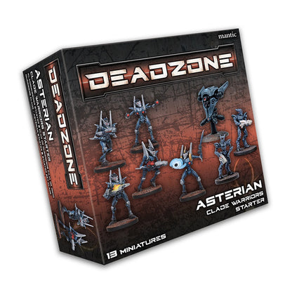Deadzone Asterian Clade Warriors Starter box showing 13 futuristic miniatures, including armored warriors and a drone