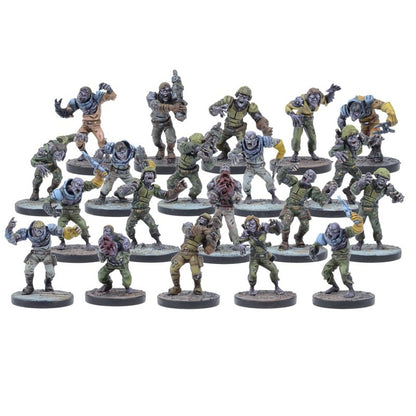 Many painted zombie miniatures, wearing tattered uniforms and posed in dynamic attacking stances