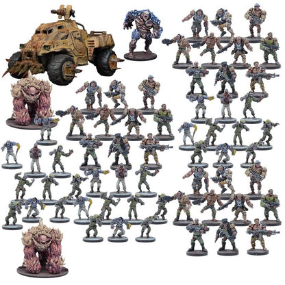 A large collection of miniature war gaming figures, including an armored vehicle, two monster creatures and dozens of armed soldiers