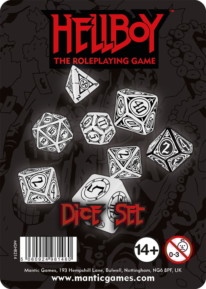 Hellboy Roleplaying Game Dice Set: 8 black & white dice with runes & numbers