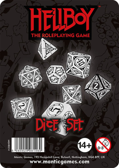 Hellboy Roleplaying Game Dice Set: 8 black & white dice with runes & numbers