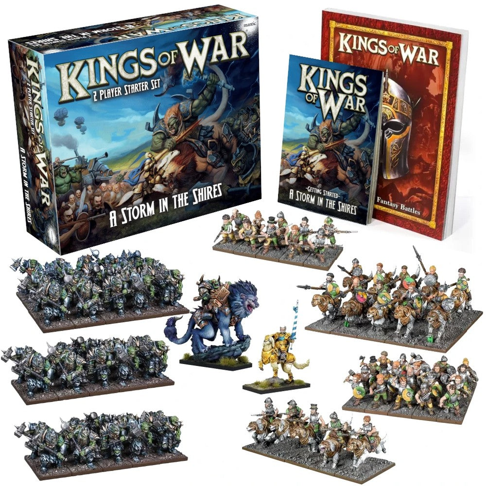 Kings of War fantasy wargame starter set with box, books, and armies of painted miniatures orcs, halflings, cavalry, monster