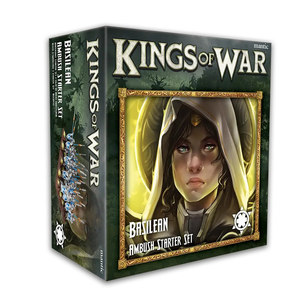 A Kings of War Basilean Ambush Starter Set box, featuring a hooded woman and miniature figures
