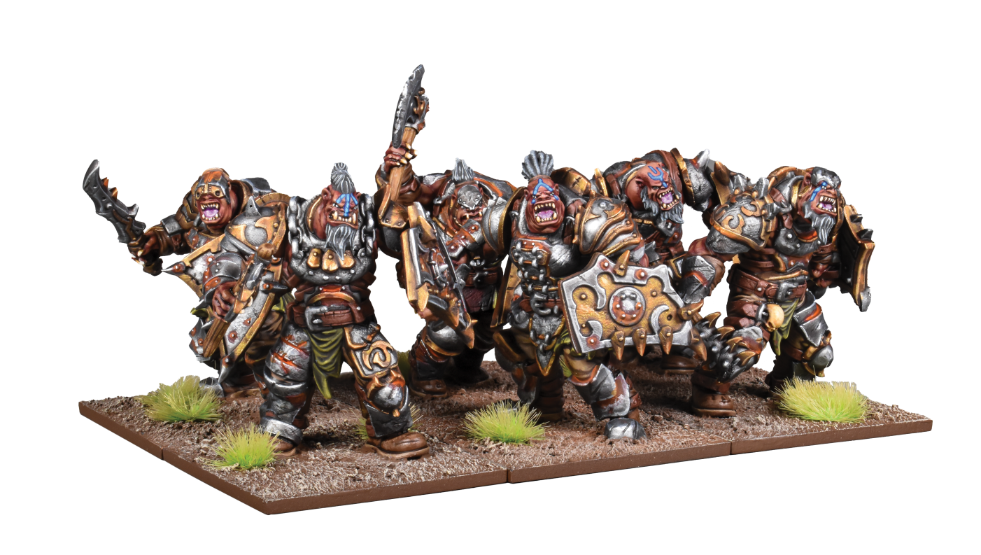 Six heavily armored ogre warriors wielding weapons and shields, standing on a textured base