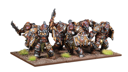 Six heavily armored ogre warriors wielding weapons and shields, standing on a textured base