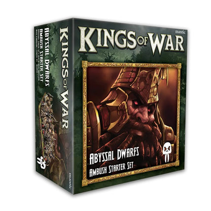 Kings of War Abyssal Dwarfs Ambush Starter Set game box, featuring an armored dwarf with glowing red eyes